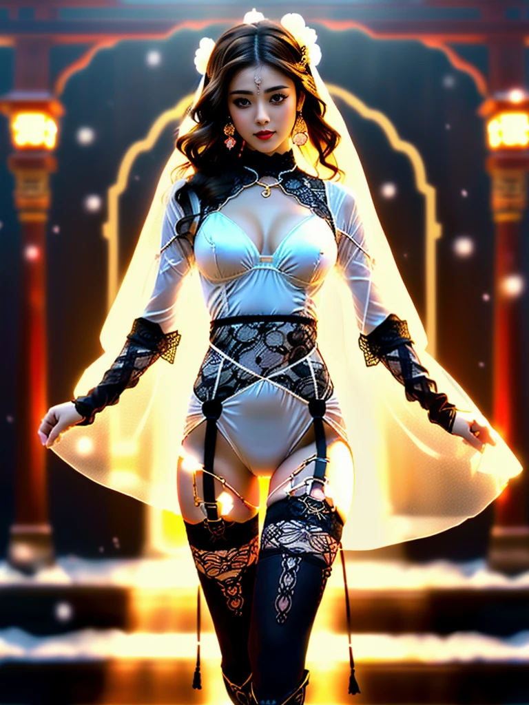 An Asian Chinese female model, (background:Room),(background:night), (8K Ultra HD, Digital SLR Camera, Soft Light, high quality, Volumetric Lighting, frank, photo, high resolution, 4K, 8K, Bokeh), ((Create stunning images of real girls), warm light, Dynamic poses, Elegant Posture, Cowboy lens, Full body front view, From the front,Be confident, Front of the body facing the camera, Standing posture facing the camera, Open your legs slightly, Golden Ratio Graphics, Minimalism), (Show a charming smile, Willow Leaf Eyebrows, big eyes, Apricot eye prick, Cherry Blossom, Balanced Eyes, Oval face, Pretty Face, Normal facial features, Skin is transparent and visible, Thin skin and tender meat, cosmetic, earrings, bracelet, necklace, Jewelry, veil, Hair accessories), (Brown hair, Wavy curly hairstyle, Waist-length hair, Messy Hairstyle, Gradient hairstyles, Cyberpunk hairstyle), ((Transparent clothes:1.5), (Color of clothes:red), See-through clothes, Lace clothes, Mesh clothes, Transparent mesh one-piece swimsuit, Lace sexy lingerie), (Sexy, Perfect breast shape, Teardrop-shaped chest shape, Snow-white breasts, very detailed breasts, 34E cup, Exposing the southern breast), (Super high waist clothes, Waist hollow,(Camel toe, High fork strangulation)), (Black socks, Sheer lace knee socks, 吊garter, Leg ring, garter, 腿部garter)