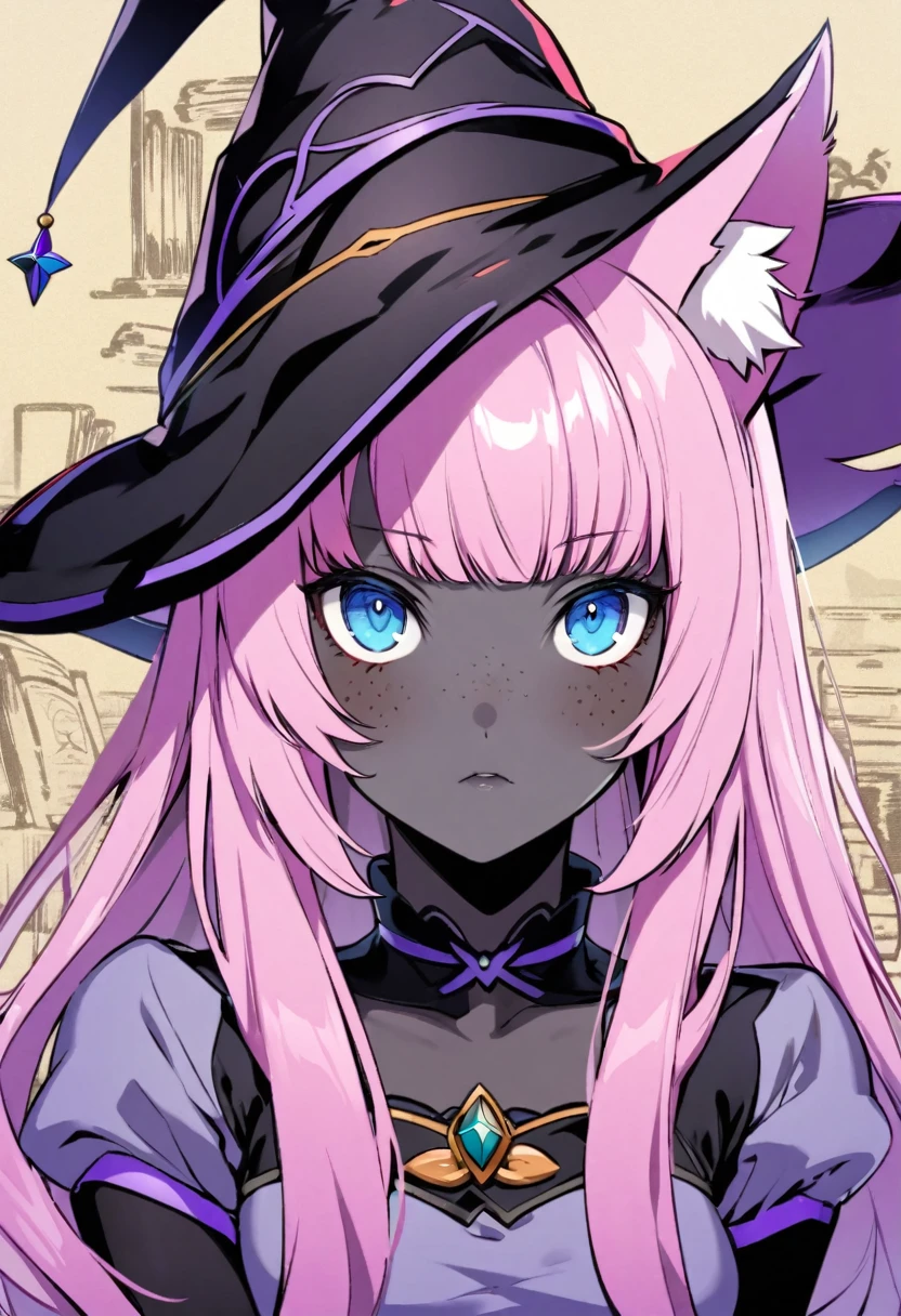 dark skin, Pink hair, freckles, witch hats hat. Blue eyes, long hair, black skin, gray skin, purple highlight,  cat girl, cat ears, solo, blush, colored skin, medium breasts, book background, looking at viewer, bust. Dress. portrait, Persona style