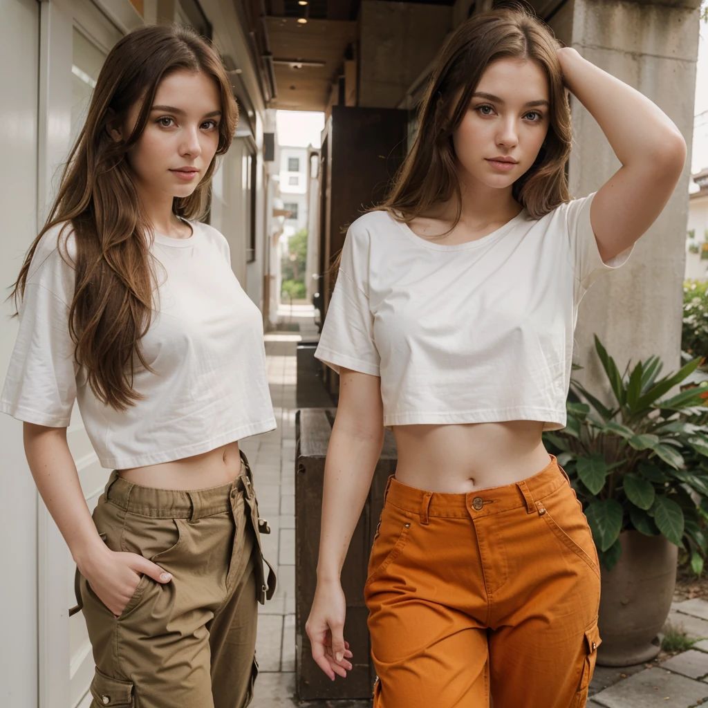 A beautiful young woman, in her late 20's, pale white skin, long light brown hair, orange eyes, wearing loose fitting brown cargo pants, wearing a red cropped t-shirt