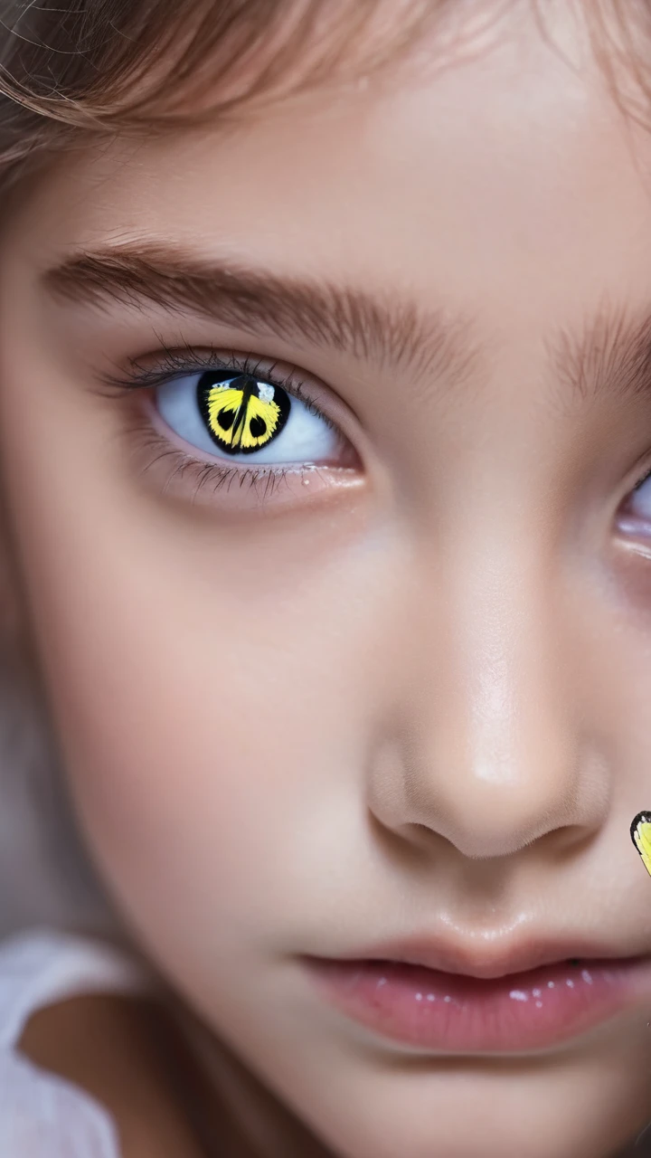 Close photo of girl's eyes with butterfly in between of both the eyes and black colour pupil of eyes in ai