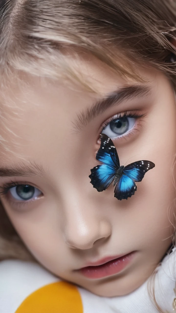 Close photo of girl's eyes with butterfly in between of both the eyes and black colour pupil of eyes in ai