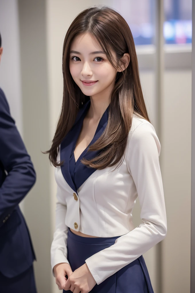 (8K, RAW Photos, Highest quality, masterpiece:1.2), Super detailed, Ultra-high resolution, (Realistic, Photorealistic:1.37), High-definition RAW color photos, Professional photos, Very delicate and beautiful, Very detailed, 8k wallpaper, (Beautiful and detailed eyes)、(Beautifully detailed face),Anatomically correct body shape, Professional Lighting,From Above,Close Up, one person,woman、Japanese、Age 25, Brown Hair、long Hair、 (A shy smile:1.3), Fine and beautiful skin、Skin Texture、 (Slim waist:1.2)、(E cup bust:1.21), (secretary,navy Blue,Long sleeve,suits:1.3),(mini skirt:1.25), (Emphasize the cleavage:1.1),standing, Sharp focus、The background is a real company conference room