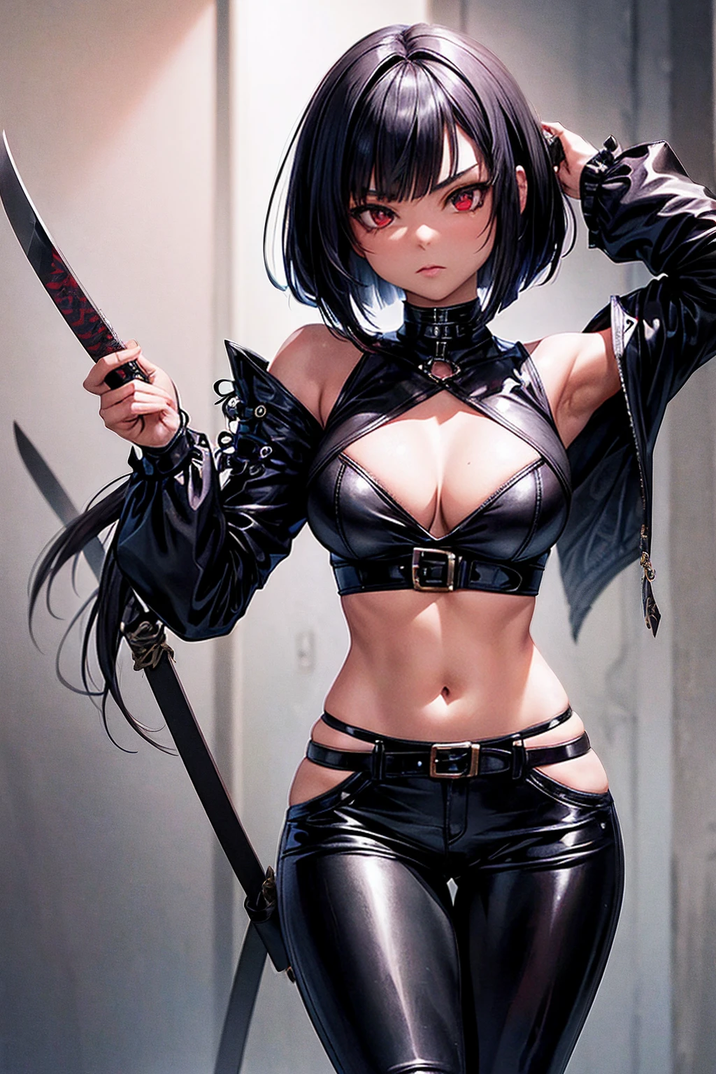 make a beautiful gothic blasian female gunslinger with katanas attached to her back. she has on leather pants, her hair is in a shoulder length bob and she has red eyes. 1800s