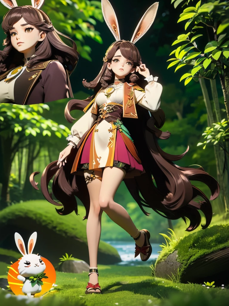 hair divided on half, Seizo Watase style, Simple Line Initialism，Abstract art, 3d character,  ,(((The most beautiful girl of all time))),  (full body 1.2), only girl, long hair, jungle background, , full body, (((8k))), (((3d)), dark brown hair, mane of white rabbit ears