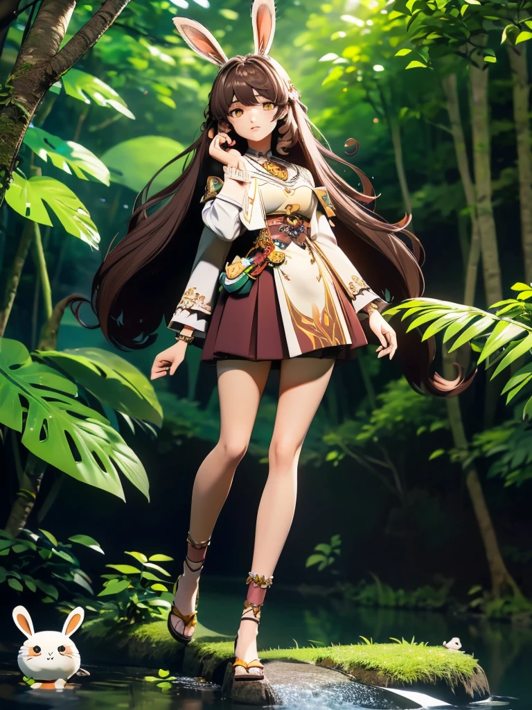 hair divided on half, Seizo Watase style, Simple Line Initialism，Abstract art, 3d character,  ,(((The most beautiful girl of all time))),  (full body 1.2), only girl, long hair, jungle background, 17 year old, full body, (((8k))), (((3d)), dark brown hair, mane of white rabbit ears