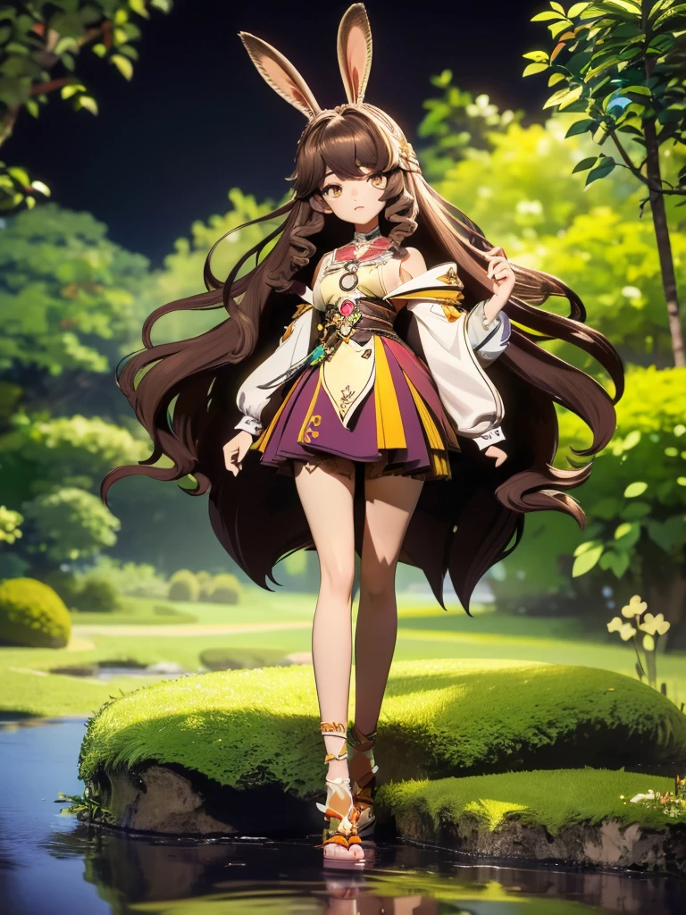 hair divided on half, Seizo Watase style, Simple Line Initialism，Abstract art, 3d character,  ,(((The most beautiful girl of all time))),  (full body 1.2), only girl, long hair, jungle background, 17 year old, full body, (((8k))), (((3d)), dark brown hair, mane of white rabbit ears