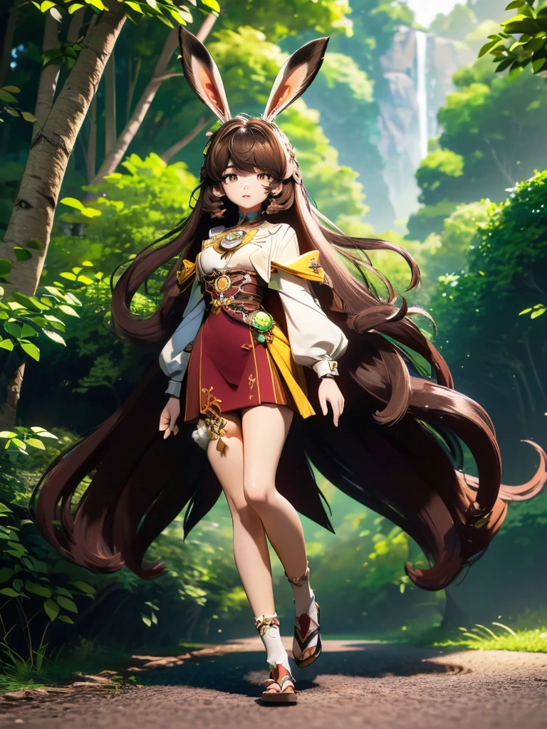 hair divided on half, Seizo Watase style, Simple Line Initialism，Abstract art, 3d character,  ,(((The most beautiful girl of all time))),  (full body 1.2), only girl, long hair, jungle background, , full body, (((8k))), (((3d)), dark brown hair, mane of white rabbit ears