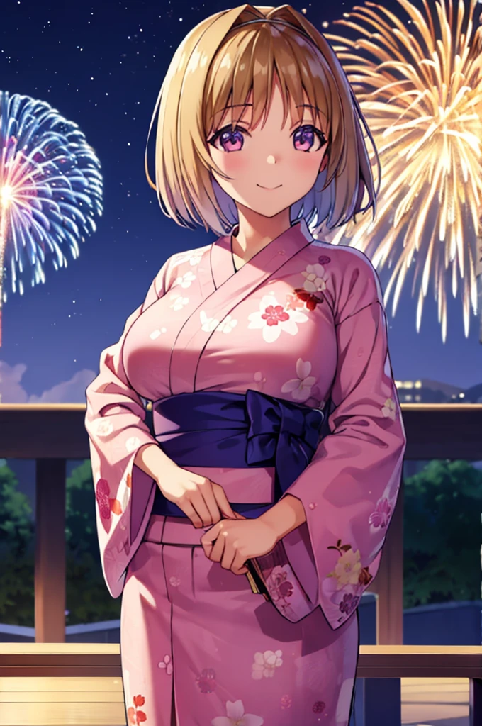 (masterpiece:1.3), (best quality:1.1), (8k, ultra detailed, ultra high res:1.3), ((anime style)), (perfect 5 fingers, perfect anatomy:1.1), 
1girl,
Kushida Kikyou, smile, 
BREAK short hair, bronze hair, purple eyes, yukata, 
BREAK large breasts, looking at viewer, (cowboy shot:1.1), BREAK detail background, outdoor, outside, (floral pattern yukata:1.1), (late night:1.2), sky, (fireworks in night sky:1.2), (night sky:1.1), big fireworks, 