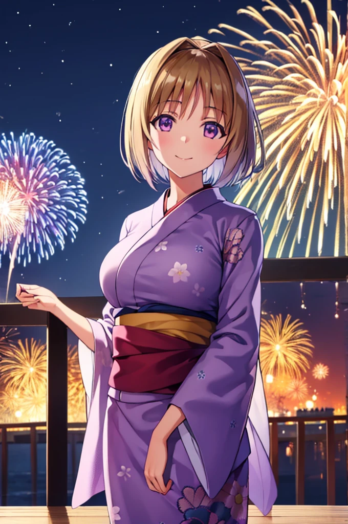 (masterpiece:1.3), (best quality:1.1), (8k, ultra detailed, ultra high res:1.3), ((anime style)), (perfect 5 fingers, perfect anatomy:1.1), 
1girl,
Kushida Kikyou, smile, 
BREAK short hair, bronze hair, purple eyes, yukata, 
BREAK large breasts, looking at viewer, (cowboy shot:1.1), BREAK detail background, outdoor, outside, (floral pattern yukata:1.1), (late night:1.2), sky, (fireworks in night sky:1.2), (night sky:1.1), big fireworks, 