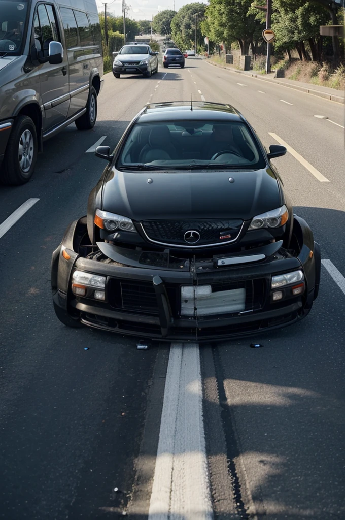 Two cars are driving opposite each other. In both of them sit men. One of these men is holding a cell phone, we see a car accident