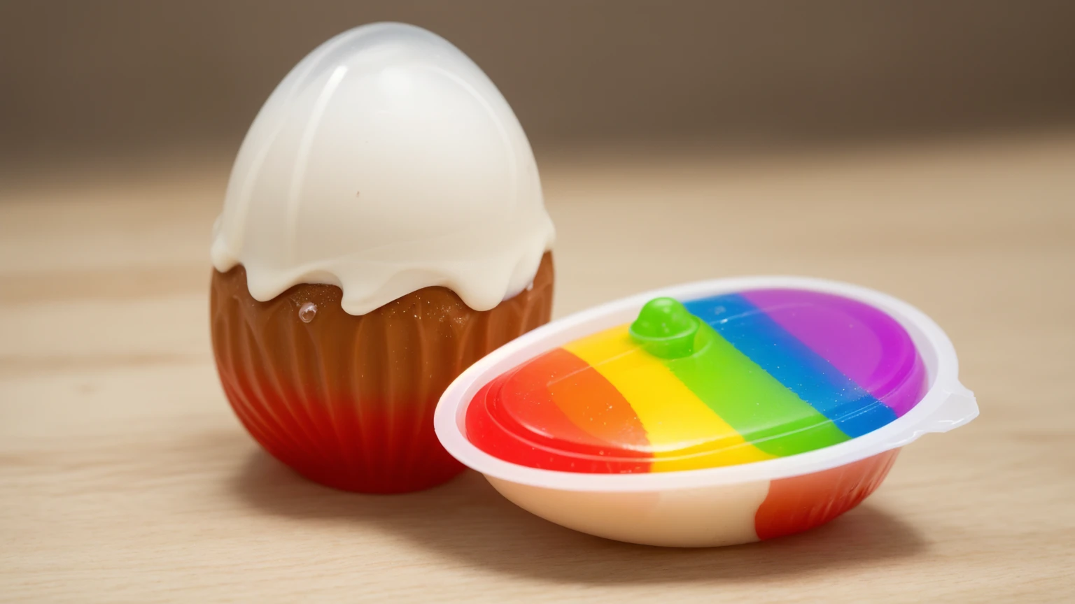 on a wooden table, стоят две половинки plasticового яйца Kinder. Kinder egg-shaped packaging ((plastic)). in one of the halves there are rainbow drips of chocolate cream,  Multiple light sources, Beautiful sunlight, bright lighting, Realistic style , realistic texture, detailed texture, A high resolution, high quality, macro photo, ultra hd 4k quality.
