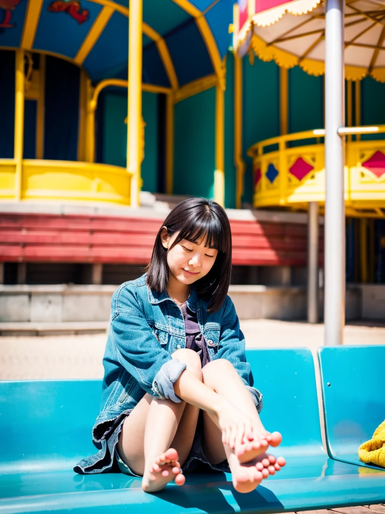 One with tired feet in an amusement park