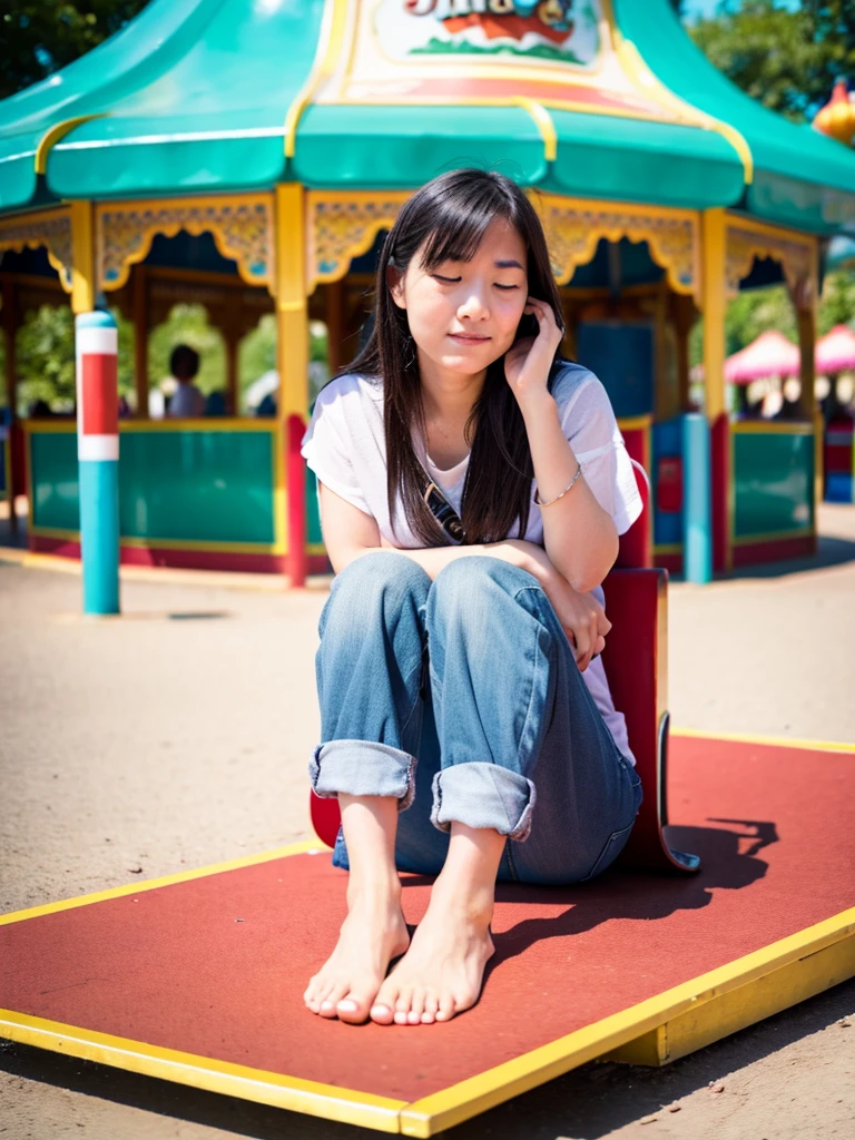 One with tired feet in an amusement park