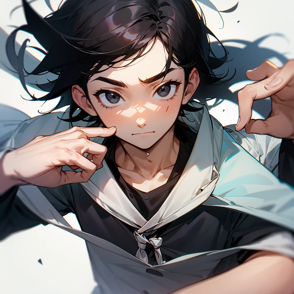 A man with a slightly sweet face, black hair, black eyes, a black school shirt.