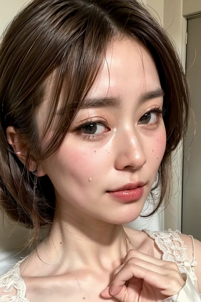 (Realistic:1.3、Ultra HD、Ultra-high resolution、8K、Japanese Housewife、寝室でBlowjobチオをするMature Woman:1.5、At the bed)、((Look Viewer:1.8))、(Extremely realistic skin texture:1.4)、(Realistic:1.3)、short hair、((Embarrassed expression:1.5))、(blonde:1.5)、48-year-old woman、Mature Woman、Ponytail Hairstyles、(Brown eyes:1.3)、(Face close-up:1.38)、(Sweaty:1.2)、(Nipplesを見せる)、((衣服から突き出たNipples,))、dress、美しいNipples、Nipples、(Shooting from the side:1.1)、Drooling、((Facial:1.4、Blowjob、Facial ejaculation:1.4、Bukkake))、Browsing Caution:1.4、