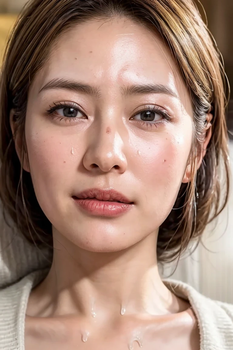 (Realistic:1.3、Ultra HD、Ultra-high resolution、8K、Japanese Housewife、寝室でBlowjobチオをするMature Woman:1.5、At the bed)、((Look Viewer:1.8))、(Extremely realistic skin texture:1.4)、(Realistic:1.3)、short hair、((Embarrassed expression:1.5))、(blonde:1.5)、48-year-old woman、Mature Woman、Ponytail Hairstyles、(Brown eyes:1.3)、(Face close-up:1.38)、(Sweaty:1.2)、(Nipplesを見せる)、((衣服から突き出たNipples,))、dress、美しいNipples、Nipples、(Shooting from the side:1.1)、Drooling、((Facial:1.4、Blowjob、Facial ejaculation:1.4、Bukkake))、Browsing Caution:1.4、