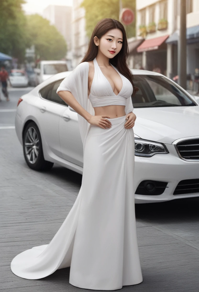 Japanese woman with very long brown hair The face is white, smooth, very beautiful. Wear traditional Thai clothing Drive a car made of beautifully carved wood. There are no roofs on the streets of Bangkok. Sharp, realistic, life-like images,UE5,No wear anything, Naked,Large Breast, Big Bust,Big Cleavage,Big Chest, Bare,Slender Body,White Skin,Very Realistic,Full Body and Smile,Bright Background.