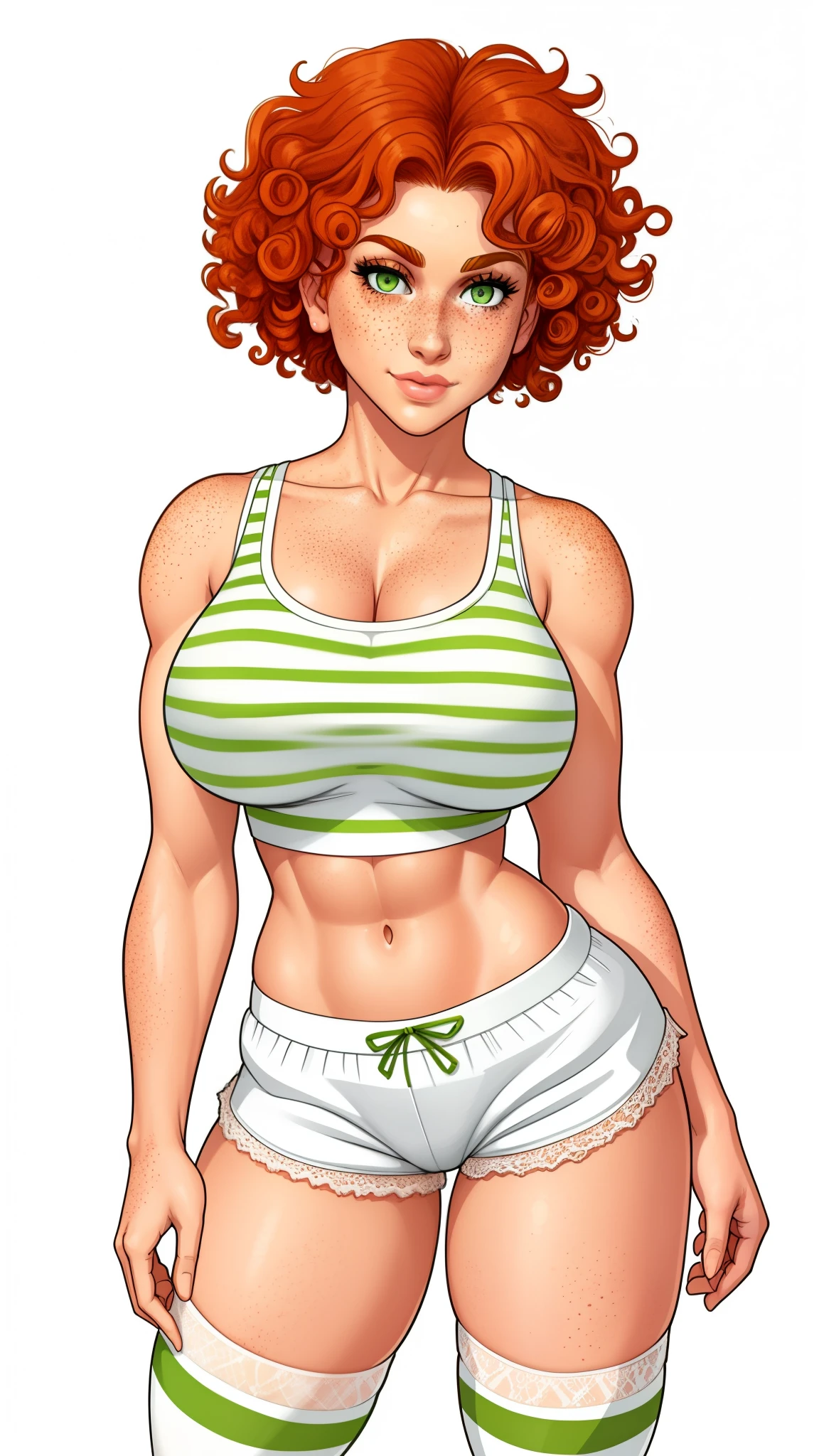Lacy Lemon, pretty woman, curly ginger hair, midriff, white cloth hotpants,tank top, short shorts, freckles, large breasts, rubenesque, thigh high striped socks, far shot
green eyes,
white background, blank background,