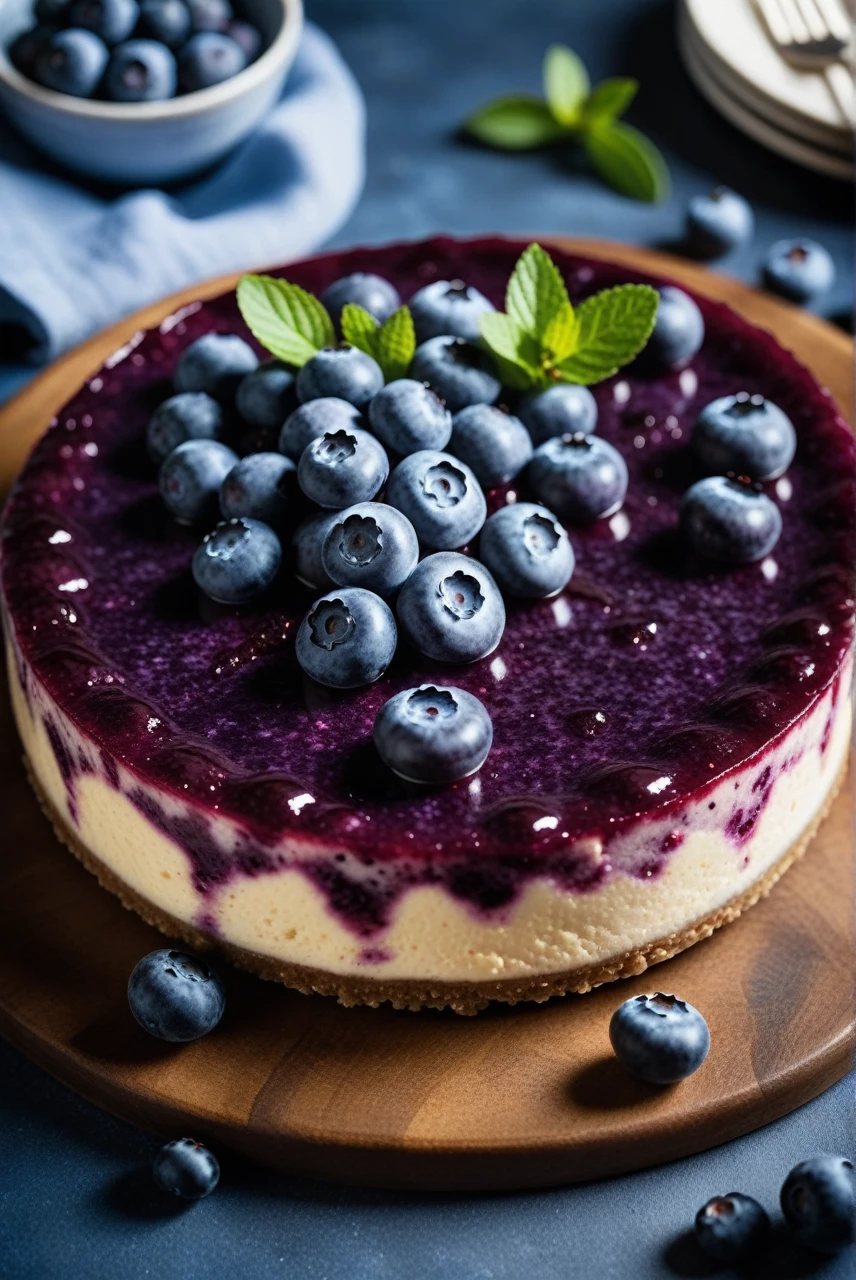 Documentary RAW Photography,a Blueberry Cheesecake, highlighting its exquisite, lacy texture and impeccable balance. The composition should evoke an irresistible urge to taste, with every detail crafted to inspire both amateur and seasoned cooks, (sharpness in detail:1.1), masterpiece, 35mm photograph, (iconic photograph:1.4), (visual storytelling:1.2), film grain, award winning photography,vibrant use of light and shadow, high quality textures of materials, volumetric textures perfect composition, dynamic play of light, rich colors, epic shot, perfectly quality, natural textures,high detail, photoshadow, (natural colors, correct white balance, color correction, dehaze),(intricate detailed), 8k
