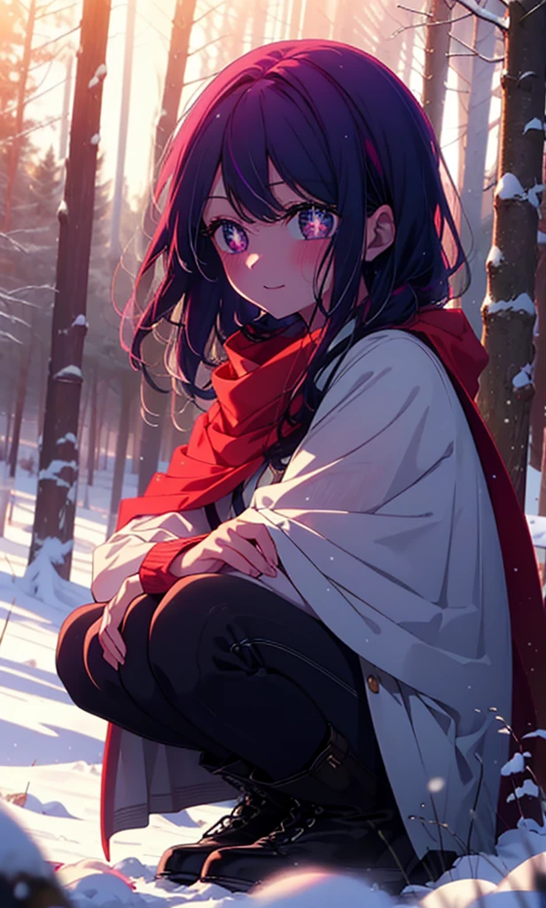 aihoshino, Ai Hoshino, Long Hair, bangs, (Purple eyes:1.1), Purple Hair, (Symbol-shaped pupil:1.5), smile,,smile,blush,White Breath,
Open your mouth,snow,Ground bonfire, Outdoor, boots, snowing, From the side, wood, suitcase, Cape, Blurred, , forest, White handbag, nature,  Squat, Mouth closed, Cape, winter, Written boundary depth, Black shoes, red Cape break looking at viewer, Upper Body, whole body, break Outdoor, forest, nature, break (masterpiece:1.2), Highest quality, High resolution, unity 8k wallpaper, (shape:0.8), (Beautiful and beautiful eyes:1.6), Highly detailed face, Perfect lighting, Extremely detailed CG, (Perfect hands, Perfect Anatomy),