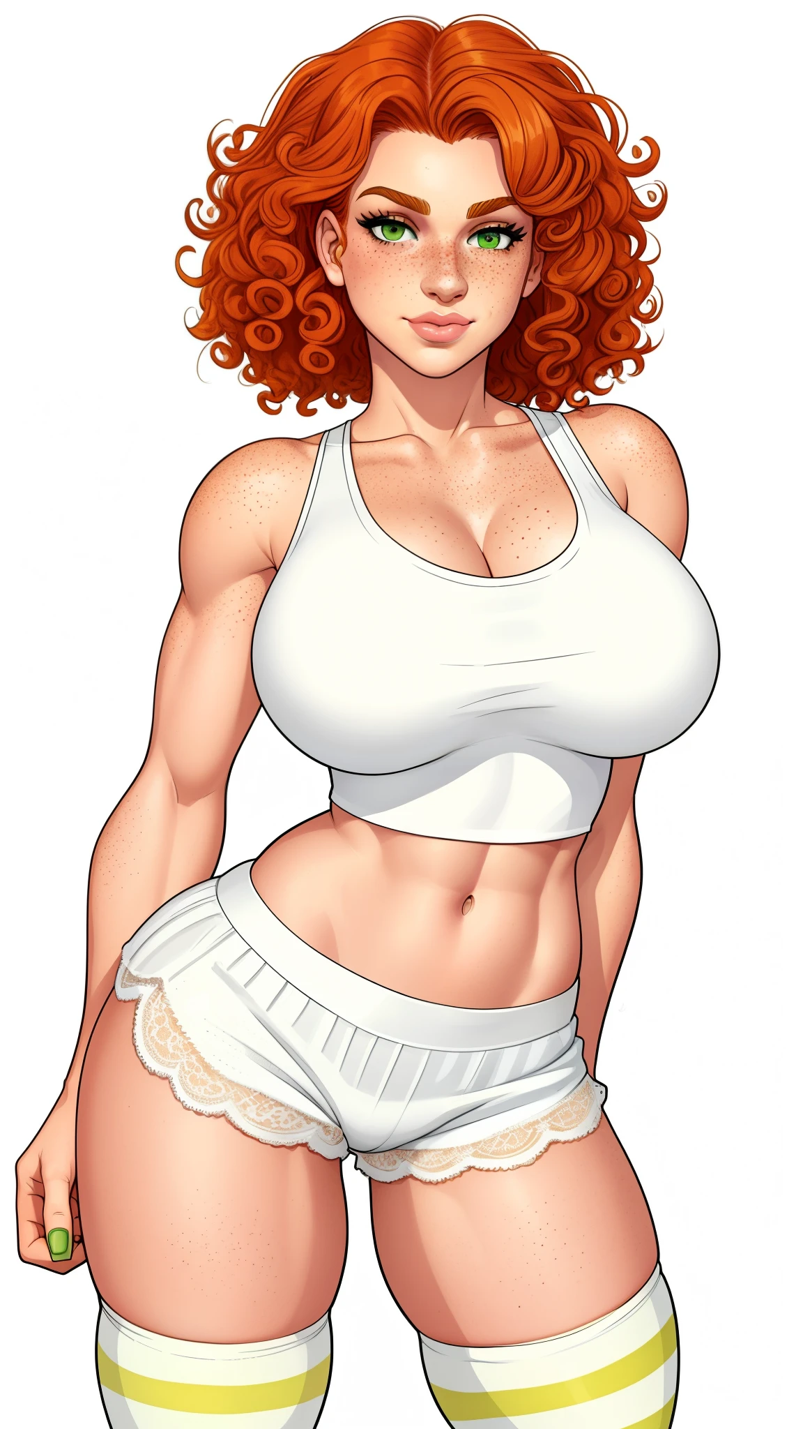 Lacy Lemon, pretty woman, curly ginger hair, midriff, white cloth hotpants,tank top, short shorts, freckles, large breasts,  rubenesque, thigh high striped socks, far shot

green eyes,

white background, blank background, 