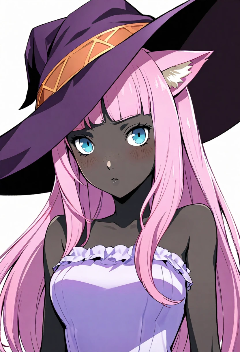 dark skin, Pink hair, freckles, witch hats hat. Blue eyes, long hair, black skin, purple highlight, cat girl, cat ears, solo, blush, colored skin, medium breasts, looking at viewer, bust. Dress. portrait