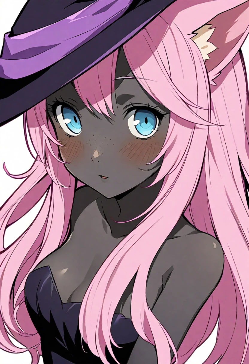 dark skin, Pink hair, freckles, witch hats hat. Blue eyes, long hair, black skin, purple highlight, cat girl, cat ears, solo, blush, colored skin, medium breasts, looking at viewer, bust. Dress. portrait