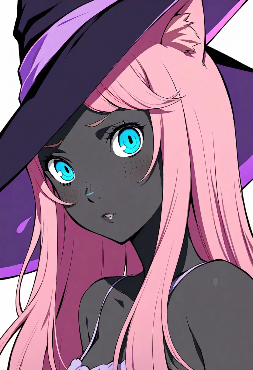 dark skin, Pink hair, freckles, witch hats hat. Blue eyes, long hair, black skin, purple highlight,  cat girl, cat ears, solo, blush, colored skin, medium breasts, looking at viewer, bust. Dress. portrait  
