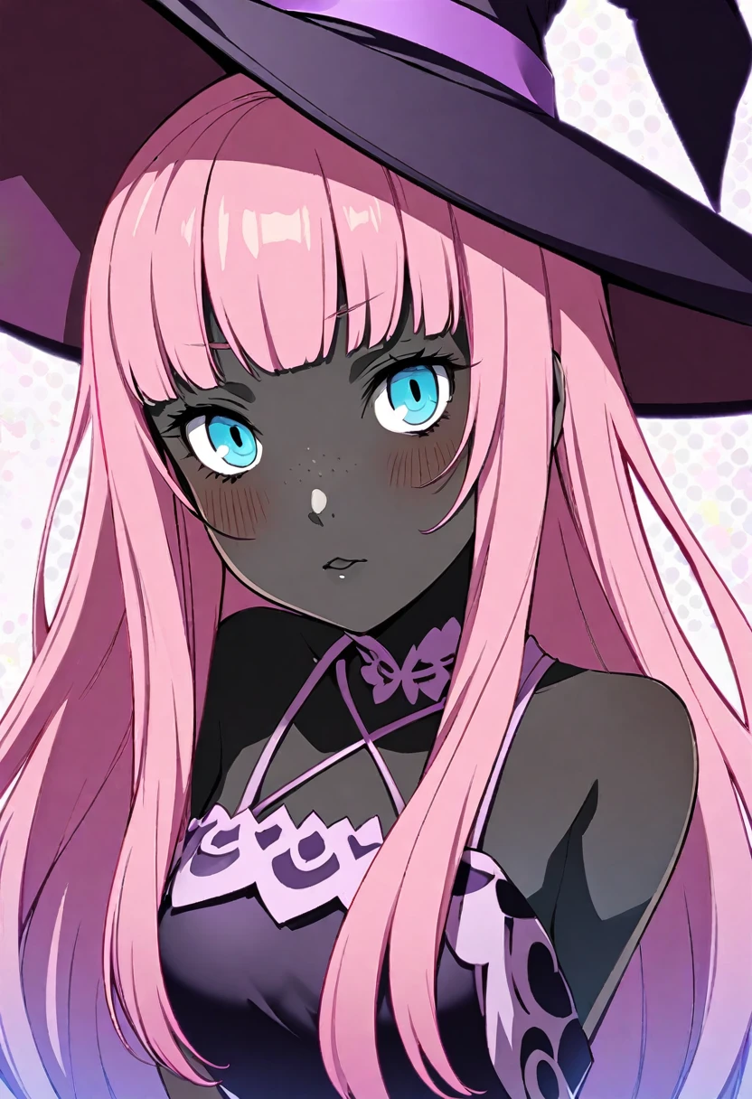 dark skin, Pink hair, freckles, witch hats hat. Blue eyes, long hair, black skin, purple highlight, cat girl, cat ears, solo, blush, colored skin, medium breasts, looking at viewer, bust. Dress. portrait