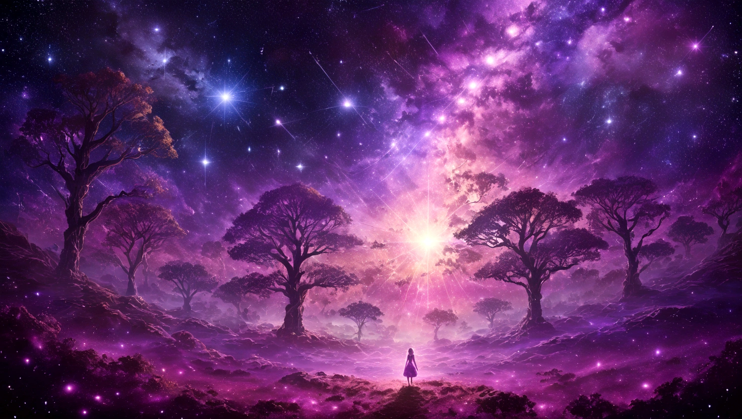 beautiful girl, A captivating cosmic view featuring a constellation shaped like a mystical forest, with intricate patterns in enchanting tones of purples, pinks, and whites. best quality, masterpiece, ultra-detailed, 8k, depth of field, cinematic composition, Light Celestial radiance, with the vibrant hues