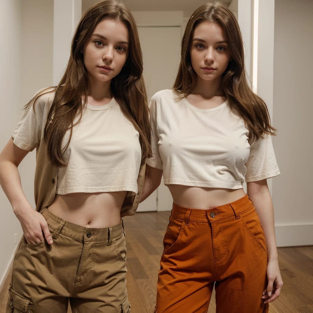 A beautiful young woman, in her late 20's, pale white skin, long light brown hair, orange eyes, wearing loose fitting brown cargo pants, wearing a red cropped t-shirt