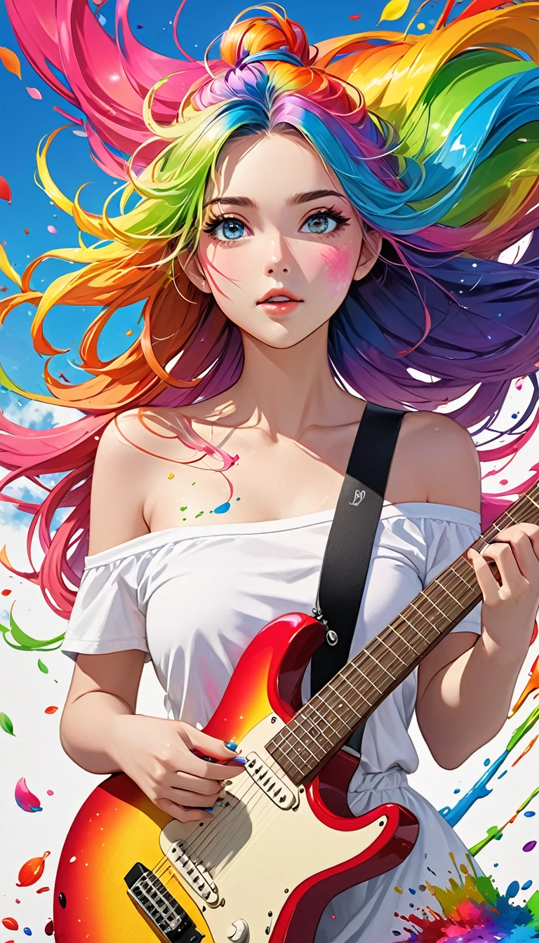 (Pink Fashion T-shirt:1.9),(((playguitar: 2.0)))), ((fullbody: 1.5)), (Colorful hair: 1.8), (all the colours of the rainbow: 1.8),(((((vertical painting:1.6))), (painting:1.6),front, comics, illustrations, paintings, large eyes, crystal clear eyes,( rainbow color gradient high ponytail:1.7), exquisite makeup, closed mouth,(Small Fresh: 1.5),(Wipe Chest: 1.6) ,long eyelashes, white off shoulder T-shirt, White Shoulder Shirt,looking at the audience, large watery eyes, (rainbow colored hair:1.6), color splash, (solo:1.8), color splash, color explosion, thick paint style, messy lines, ((shining)),(colorful), (colorful), (colorful), colorful, Thick Paint Style, (Splash) (Color Splash), Vertical Painting, Upper Body, Paint Splash, Acrylic Pigment, Gradient, Paint, Highest Image Quality, Highest Quality, Masterpiece, Solo, Depth of Field, Face Paint, colorful clothes, (Elegant: 1.2), gorgeous,long hair, wind, (Elegant: 1.3), (Petals: 1.4),(((masterpiece))),(((best quality))),((ultra-detailed)),(illustration),(dynamic angle),((floating)),(paint),((disheveled hair)),(solo),(1girl) , (((detailed anima face))),((beautiful detailed face)),collar,bare shoulders,white hair, ((colorful hair)),((streaked hair)),beautiful detailed eyes,(Gradient color eyes),(((colorful eyes))),(((colorful background))),(((high saturation))),(((surrounded by colorful splashes))),