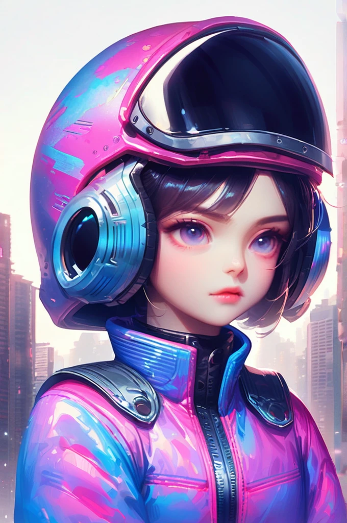 ((Лучшее качество)), ((шедевр)), (подробный), 1 girl, tight biker costume, cyber punk, (cyber punk:1,8), bent slightly in front, , bodysuit, chest, building, city, gun, helmet, closed biker helmet, science fiction, solo