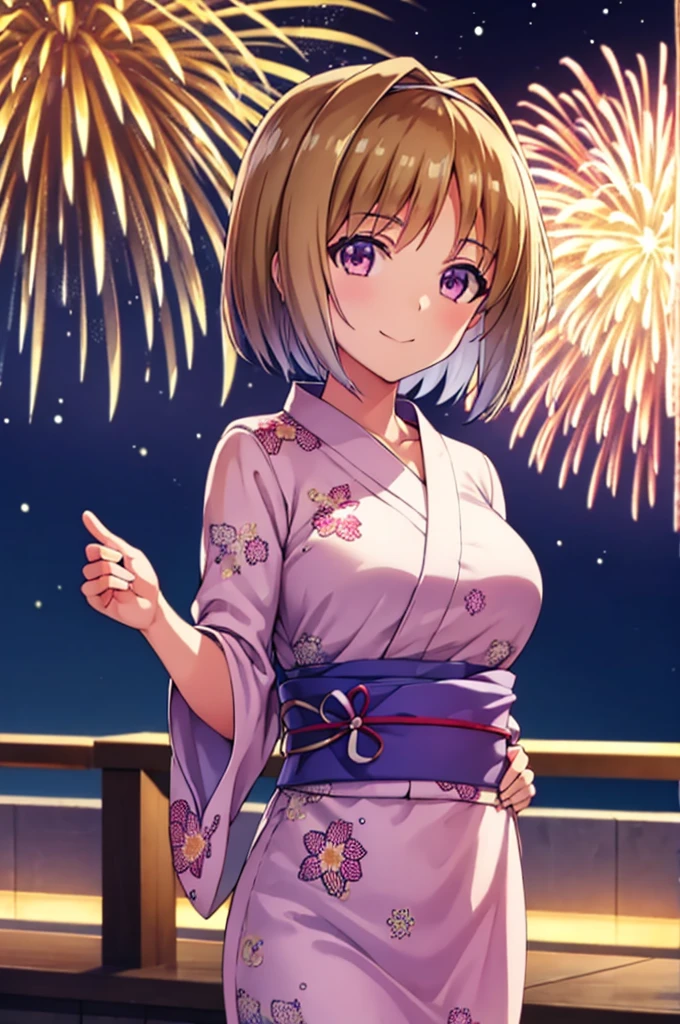 (masterpiece:1.3), (best quality:1.1), (8k, ultra detailed, ultra high res:1.3), ((anime style)), (perfect 5 fingers, perfect anatomy:1.1), 
1girl,
Kushida Kikyou, smile, 
BREAK short hair, bronze hair, purple eyes, yukata, 
BREAK large breasts, looking at viewer, (cowboy shot:1.1), BREAK detail background, outdoor, outside, (floral pattern yukata:1.1), (late night:1.2), sky, (fireworks in night sky:1.2), (night sky:1.1), big fireworks, 