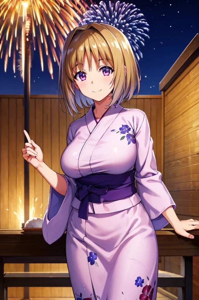 (masterpiece:1.3), (best quality:1.1), (8k, ultra detailed, ultra high res:1.3), ((anime style)), (perfect 5 fingers, perfect anatomy:1.1), 
1girl,
Kushida Kikyou, smile, 
BREAK short hair, bronze hair, purple eyes, yukata, 
BREAK large breasts, looking at viewer, (cowboy shot:1.1), BREAK detail background, outdoor, outside, (floral pattern yukata:1.1), (late night:1.2), sky, (fireworks in night sky:1.2), (night sky:1.1), big fireworks, 