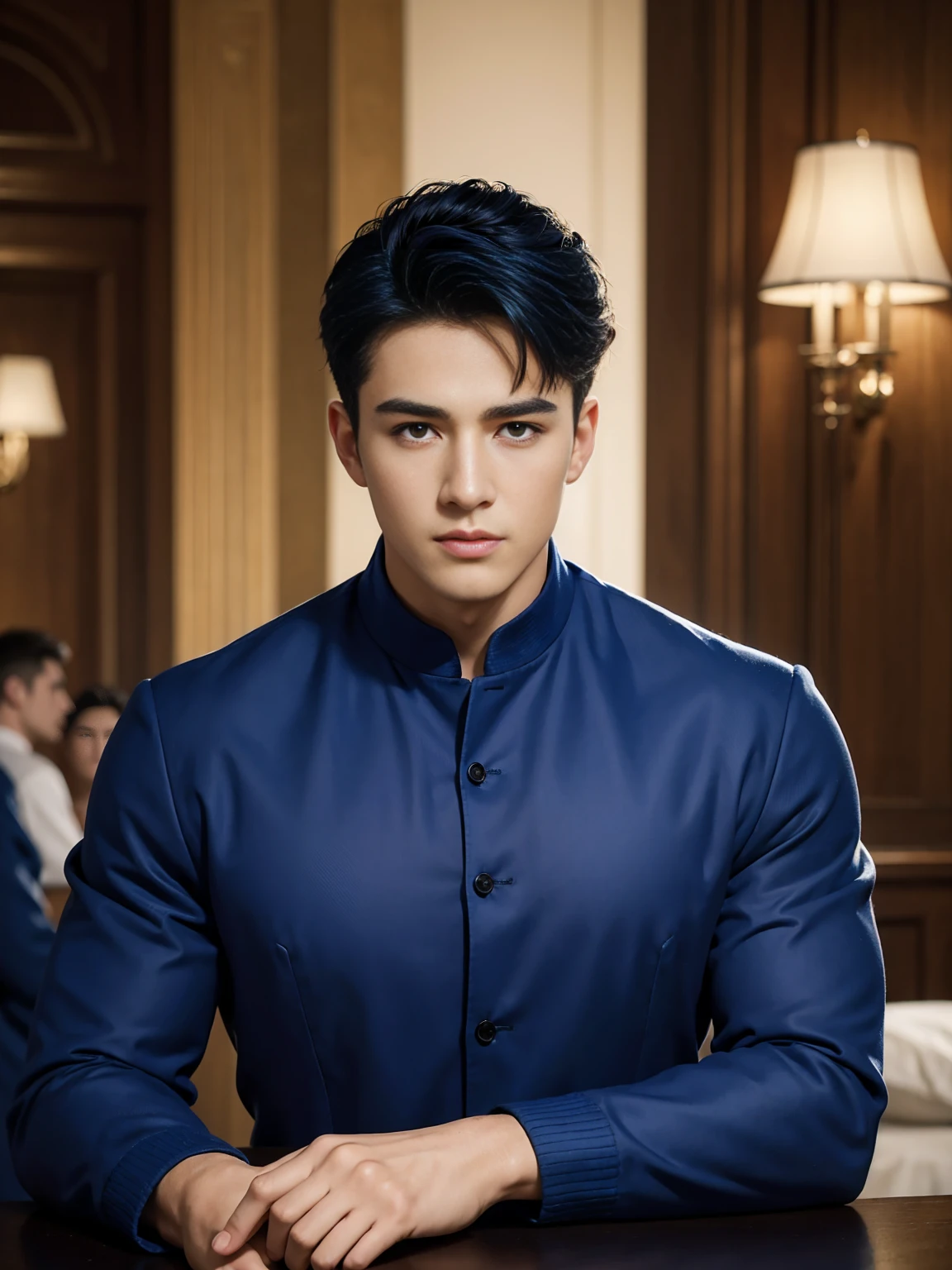 ((masterpiece)),((best quality)),8K,high detail,Very detailed, Very manly,3 men, like,fashion pose, Realistic skin texture, Light,
Royal blue style couple
