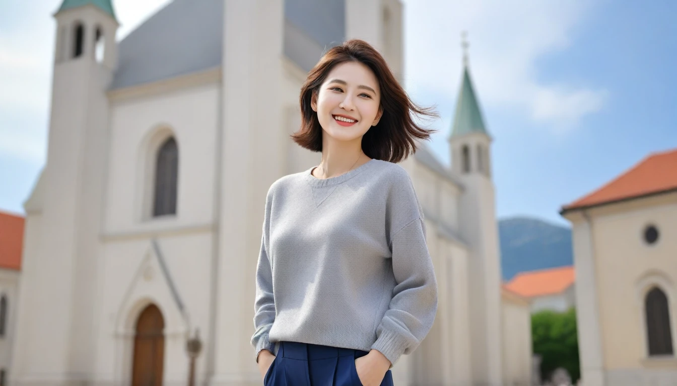 8k best picture quality, Beautiful 36-year-old Korean woman, Chest size 34 inches, Croatian cathedral view, Back background realistic and vivid image quality, Short and medium hair blowing in the wind, Wearing high-end luxury brand casual jumpers and pants, smile slightly. The background is clear