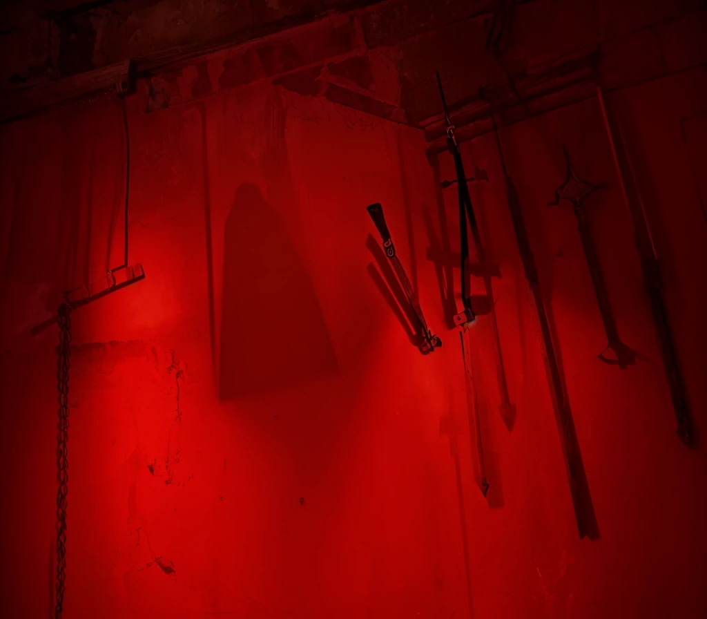 indoors,Old walls,{{red theme}},{dim},dungeon,SM tools hanging on the wall