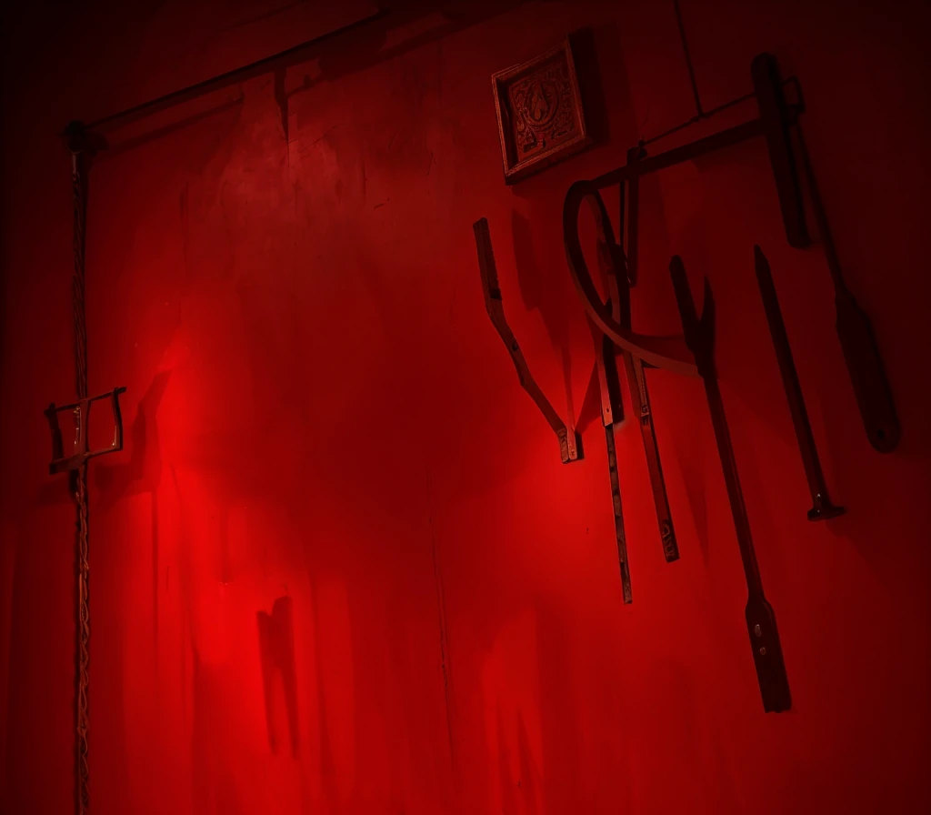 indoors,Old walls,{{red theme}},{dim},dungeon,SM tools hanging on the wall