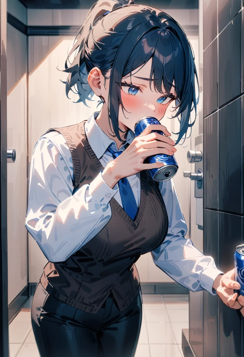 masterpiece, best quality, very aesthetic, absurdres, newest, 1girl, solo, asymmetrical bangs, blush, short hair, blue eyes, shirt, long sleeves, holding, standing, upper body, white shirt, ponytail, brow hair, sidelocks, necktie, shoes, collared shirt, pants, indoors, black footwear, vest, black pants, sweater vest, short ponytail, blue necktie, can, tiles, drinking, tile floor, holding can, tile wall, toilet