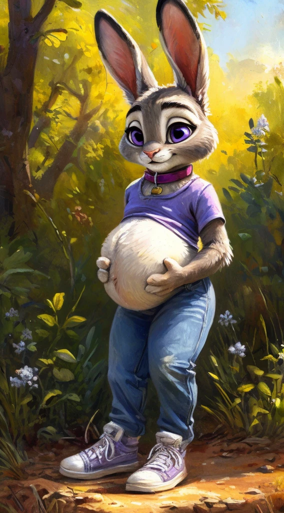 a beautiful and detailed portrait of a female bunny rabbit, judy hopps, masterpiece, kenket, oil painting,detailed face, blue jeans, gray and white fur, purple eyes, collar, white sneakers, full body, cute, hyper-pregnant 