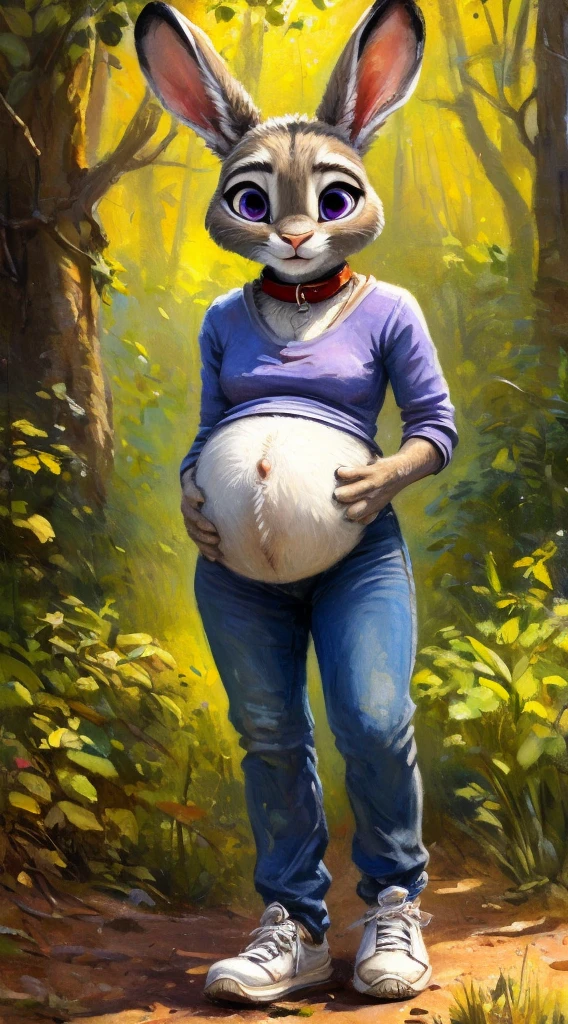 a beautiful and detailed portrait of a female bunny rabbit, judy hopps, masterpiece, kenket, oil painting,detailed face, blue jeans, gray and white fur, purple eyes, collar, white sneakers, full body, cute, hyper-pregnant 