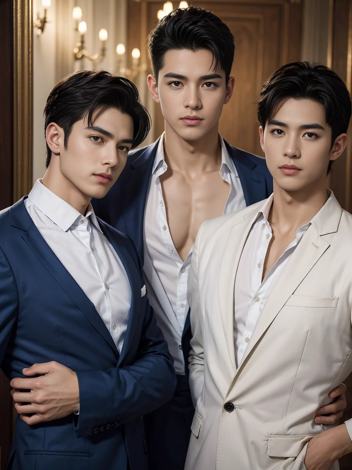 ((masterpiece)),((best quality)),8K,high detail,Very detailed, Very manly,3 men, like,fashion pose, Realistic skin texture, Light,
Royal blue style couple