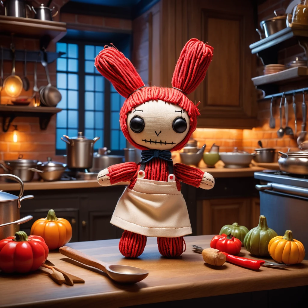 (knitted toy voodoo doll:1.7), (Voodoo Doll in a Ratatouille Setting:1.3), (Clothing: chef's outfit with a tiny toque:1.0), (Accessories: enchanted wooden spoon emitting a warm glow, floating food ingredients:1.1), (background: bustling Parisian kitchen with aromatic dishes, clattering utensils, and an atmosphere of culinary creativity:1.2), best quality, masterpiece, detailed soft oil painting, detailed background, dramatic cinematic lighting, soft edge lighting, professional, dramatic lighting, hard edge lighting, ultra quality, 4k, masterpiece, best quality, 8k, ultra high definition, high resolution, extremely detailed