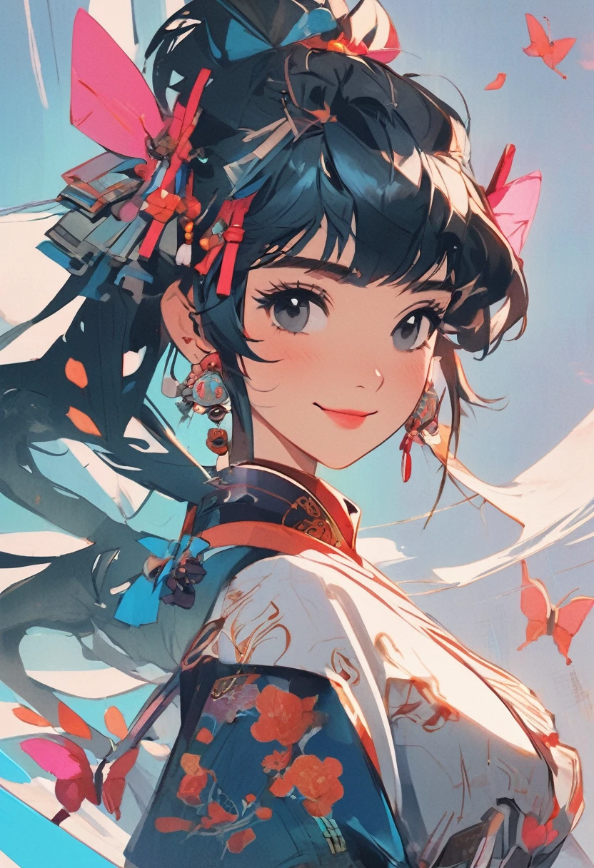 Cyberpunk characters,Chinese art style,Charming smile,Ribbons fluttering
