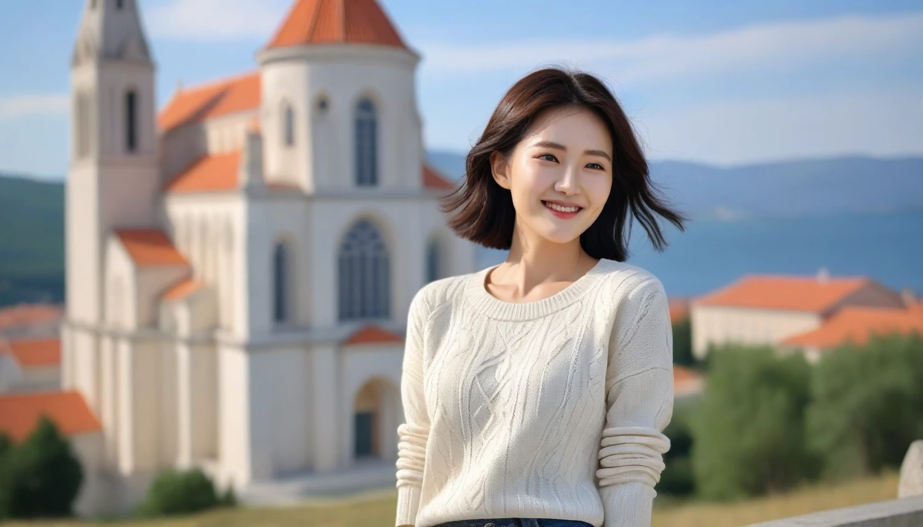 8k best picture quality, Beautiful 36-year-old Korean woman, Chest size 34 inches, View of a cathedral in the Croatian countryside, Back background realistic and vivid image quality, Short and medium hair blowing in the wind, Wearing high-end luxury brand casual jumpers and pants, smile slightly. The background is clear
