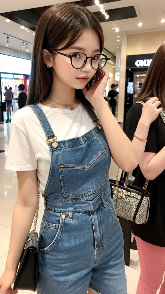Indonesian girl 17-year-old Hairstyle Casual with glasses , wearing fashion rich clothes in mall