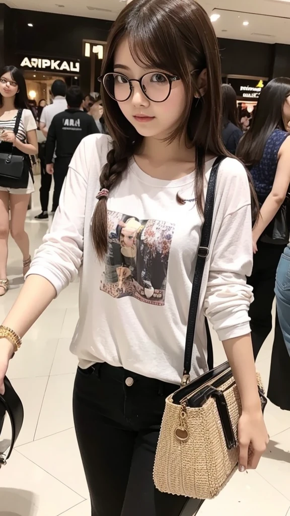 Indonesian girl 17-year-old  Hairstyle Casual with glasses , wearing  fashion rich clothes  in mall