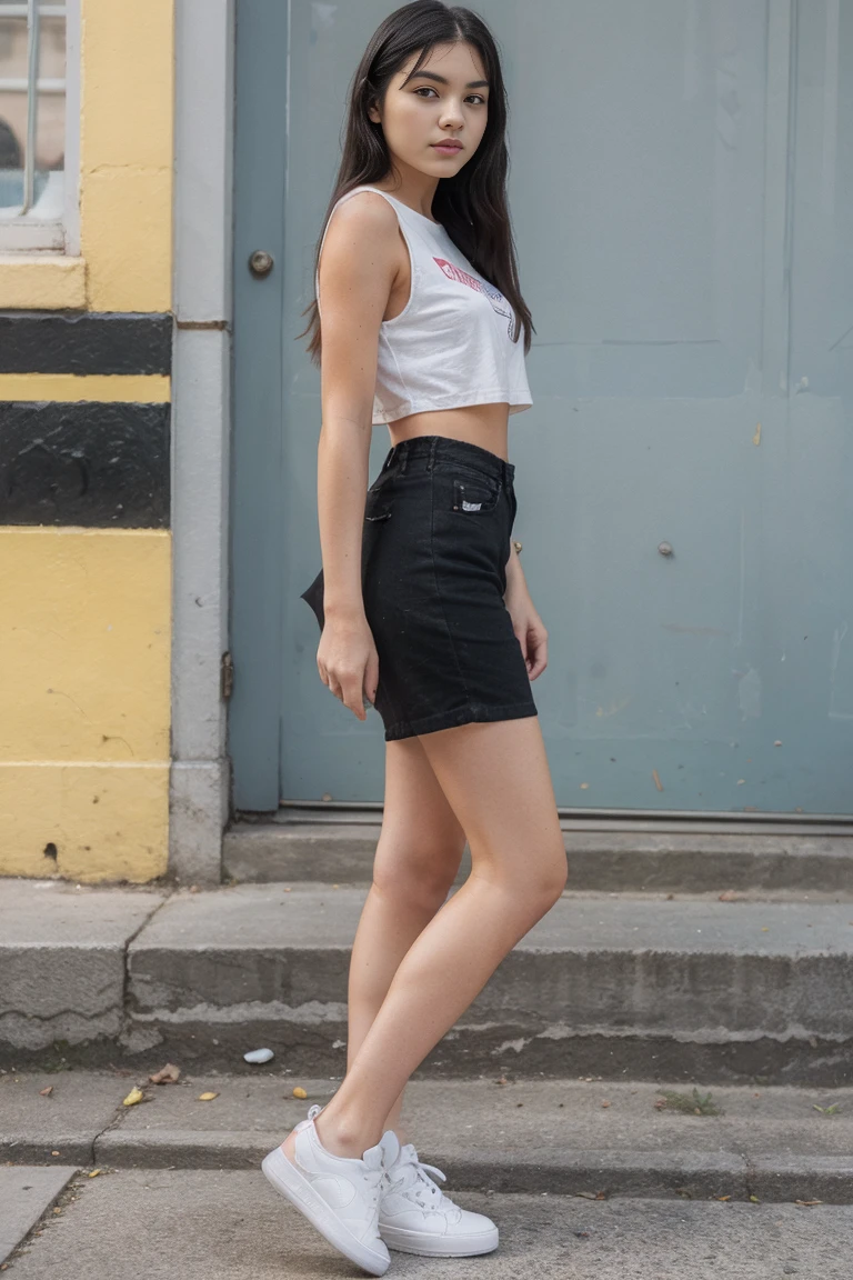 young woman , on the street , Summer clothes , black hair, long hair , shoes: sneakers , 