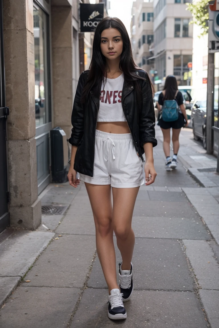 young woman , on the street , Summer clothes , black hair, long hair , shoes: sneakers ,